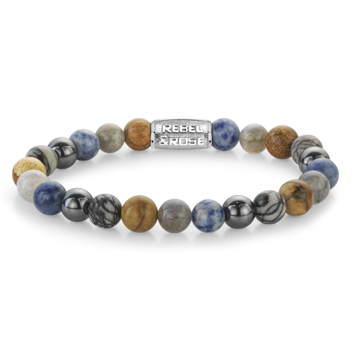 Bracelet en perles pour hommes de 8 mm, avec des perles multicolores et un élément central en métal.