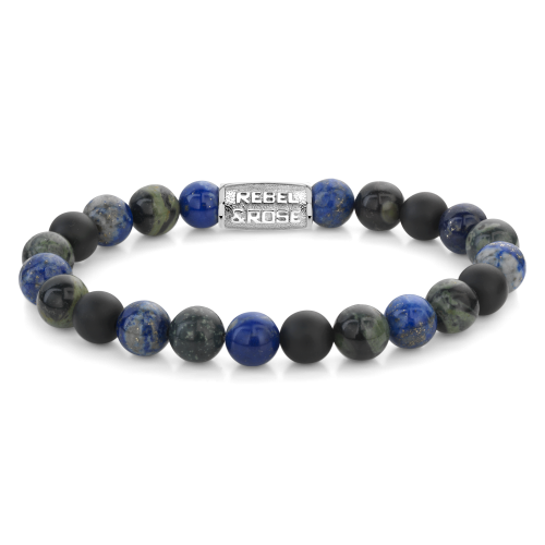 Bracelet pour homme en perles de 8 mm, avec des perles noires, bleues et vertes, et un fermoir en métal.