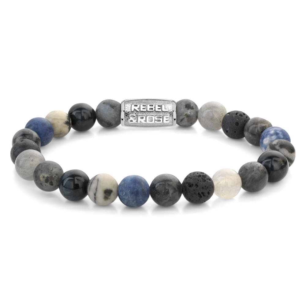 Bracelet en perles de 8 mm, avec des perles grises, noires et bleues, et un fermoir en métal argenté.