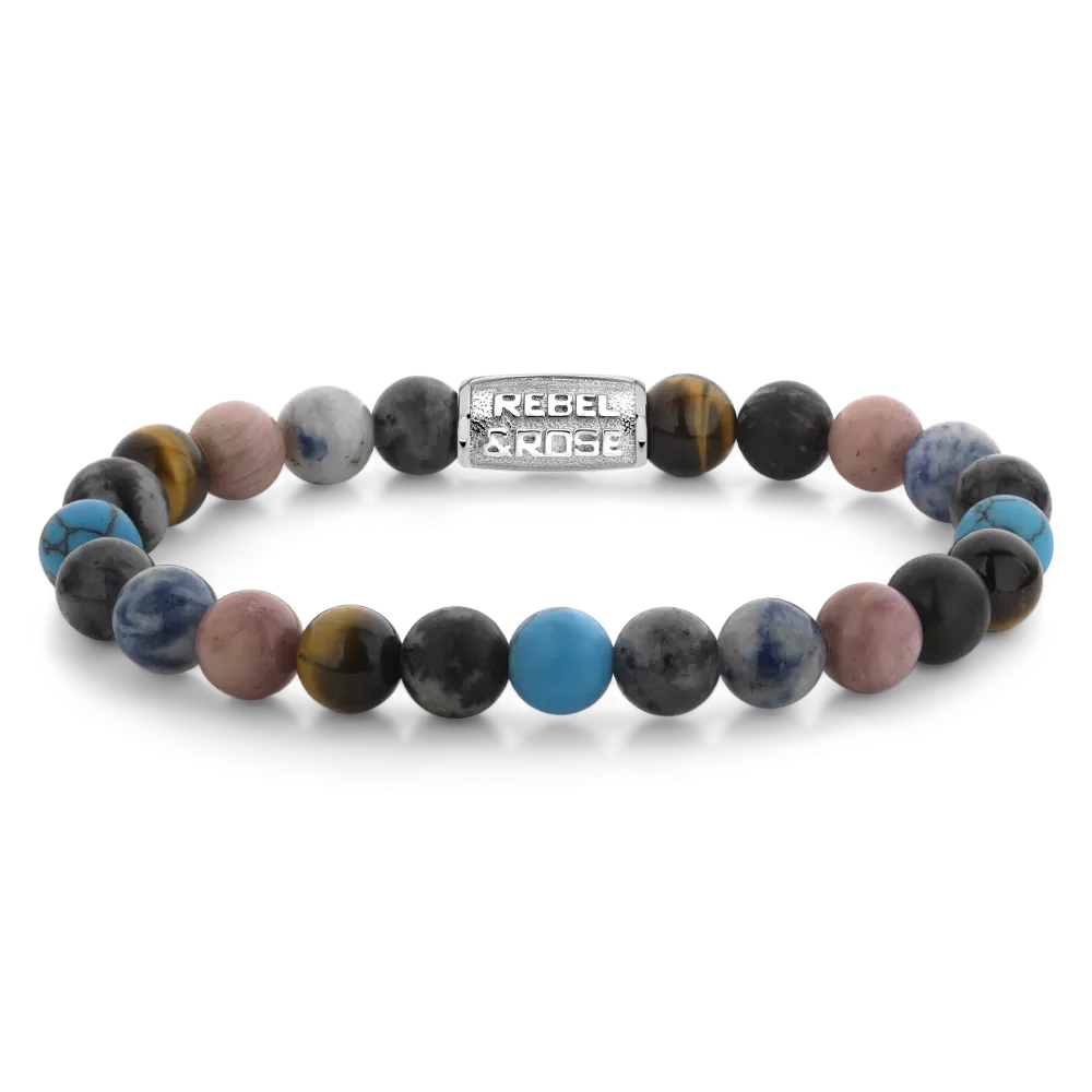 Bracelet en perles pour homme de 8 mm, avec des perles multicolores incluant du bleu, noir et rose, et un fermoir en métal.