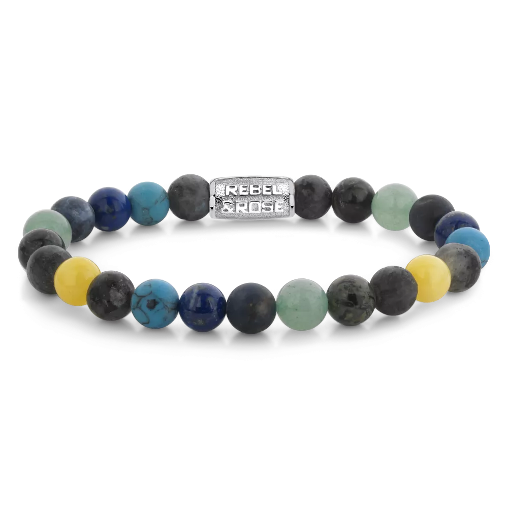 Bracelet pour homme en perles de 8 mm, avec des couleurs variées comme le bleu, le vert et le jaune.