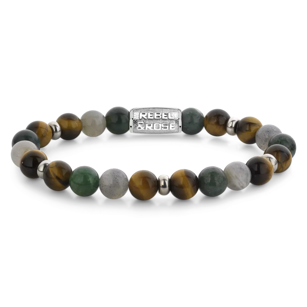 Bracelet en perles pour homme de 8 mm, composé de pierres naturelles dans des tons verts, bruns et gris, avec un élément en métal argenté.