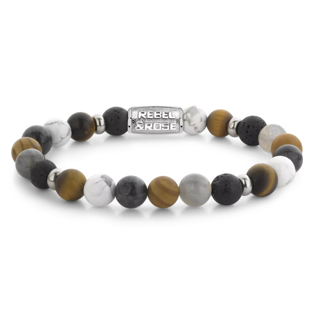 Bracelet en perles pour homme de 8 mm, avec des perles noires, grises et blanches, et un élément en métal.
