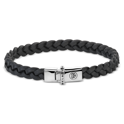 Bracelet en cuir tressé noir avec fermoir en acier inoxydable.