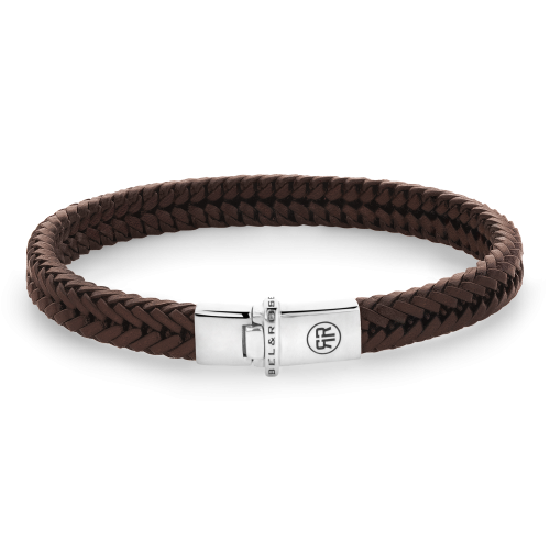 Bracelet en cuir tressé cognac avec fermoir en acier inoxydable.