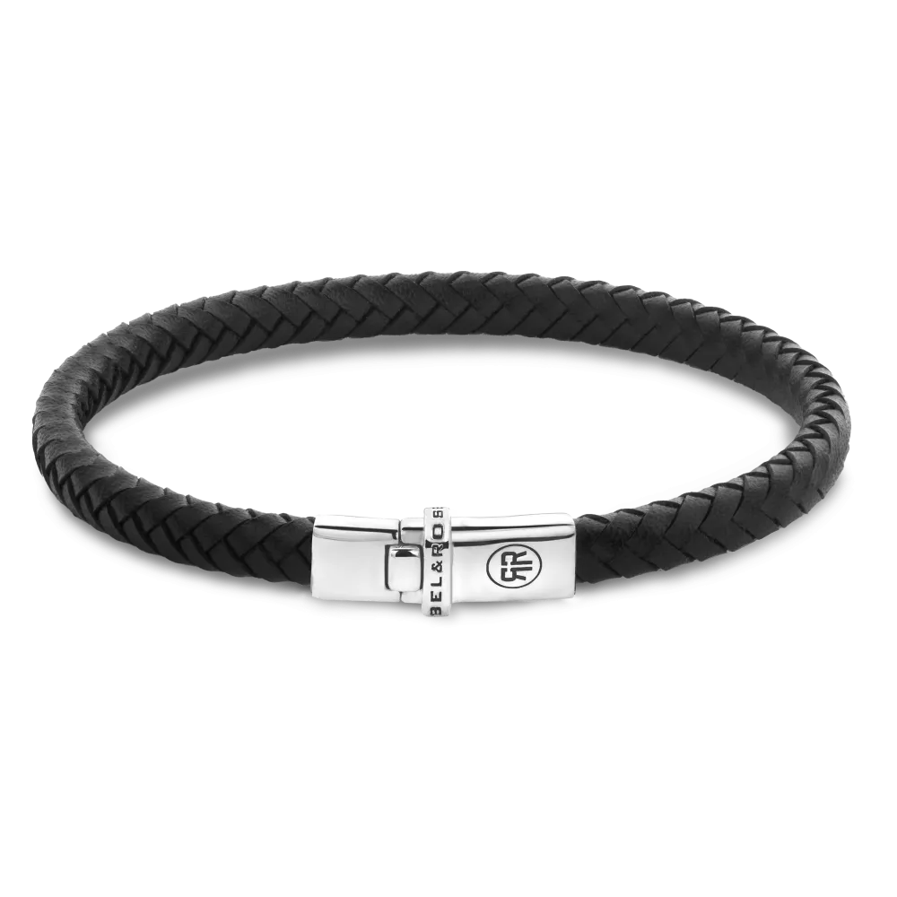 Bracelet tressé noir pour homme avec fermoir en acier inoxydable.