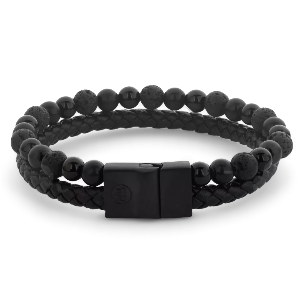 Bracelet en perles noires de 12 mm avec éléments en cuir tressé et fermoir noir.
