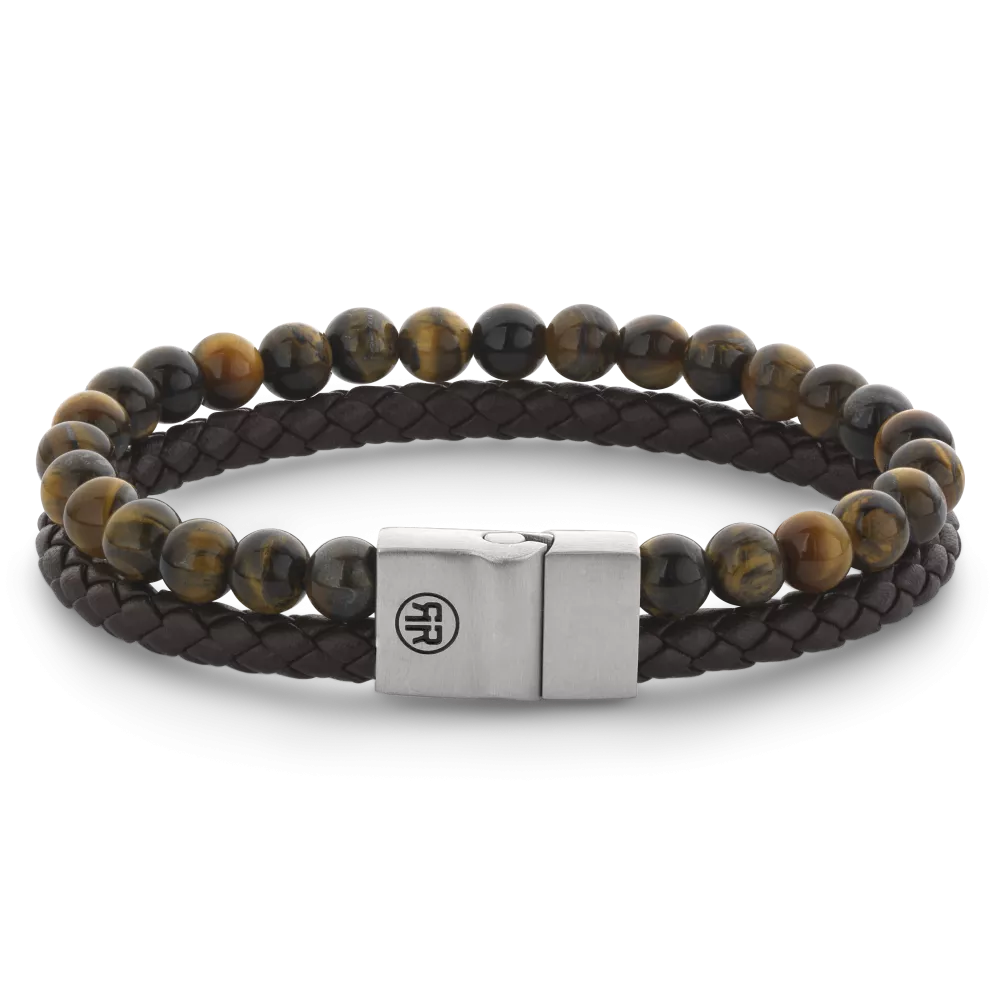 Bracelet pour homme en perles de 12 mm, avec des perles en œil de tigre et un cordon tressé marron.