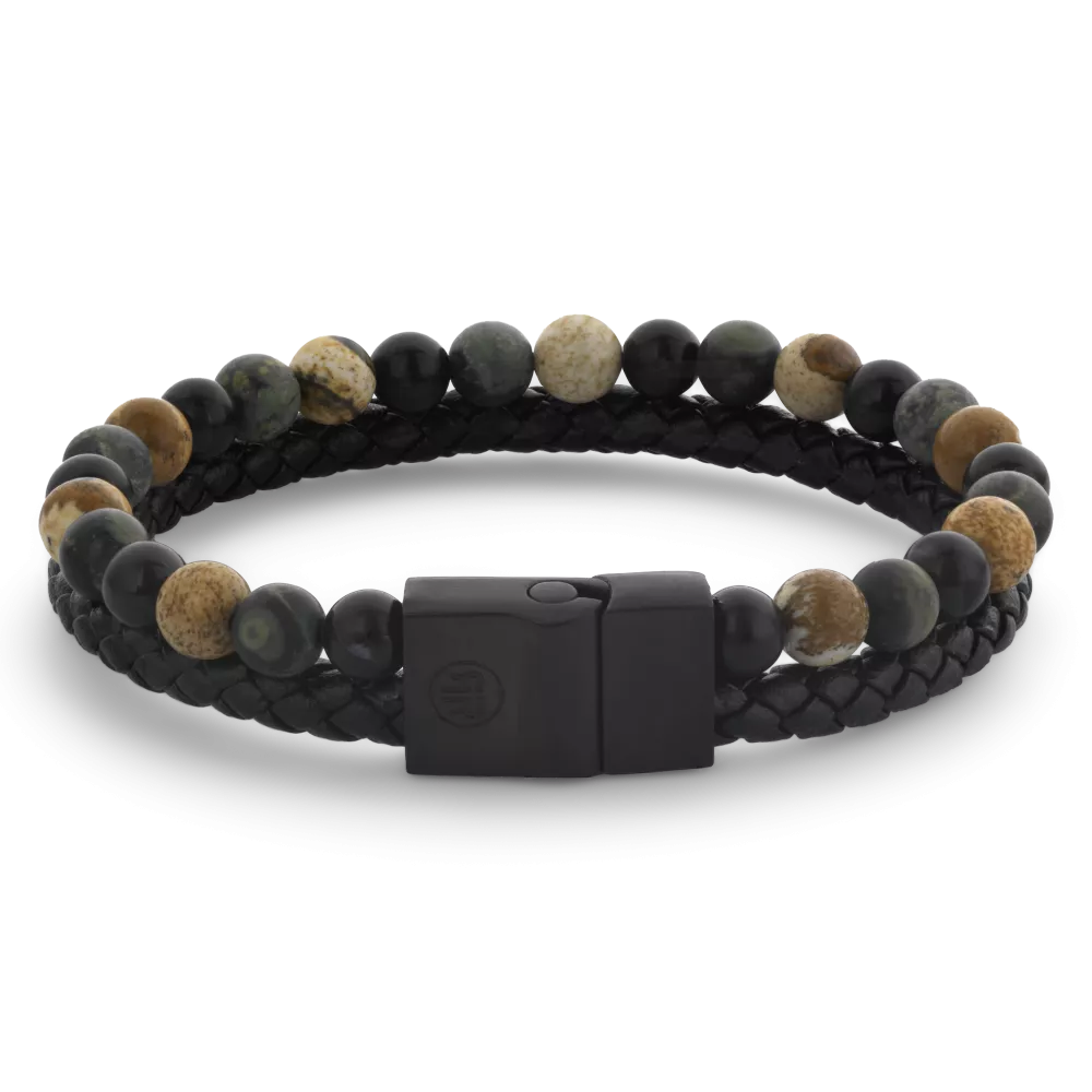 Bracelet en cuir tressé noir avec perles multicolores de 12 mm et fermoir noir.