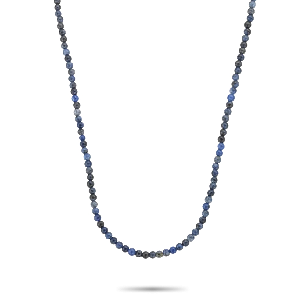 Collier en pierres bleues de 4 mm, longueur de 55 cm, avec des nuances de bleu.