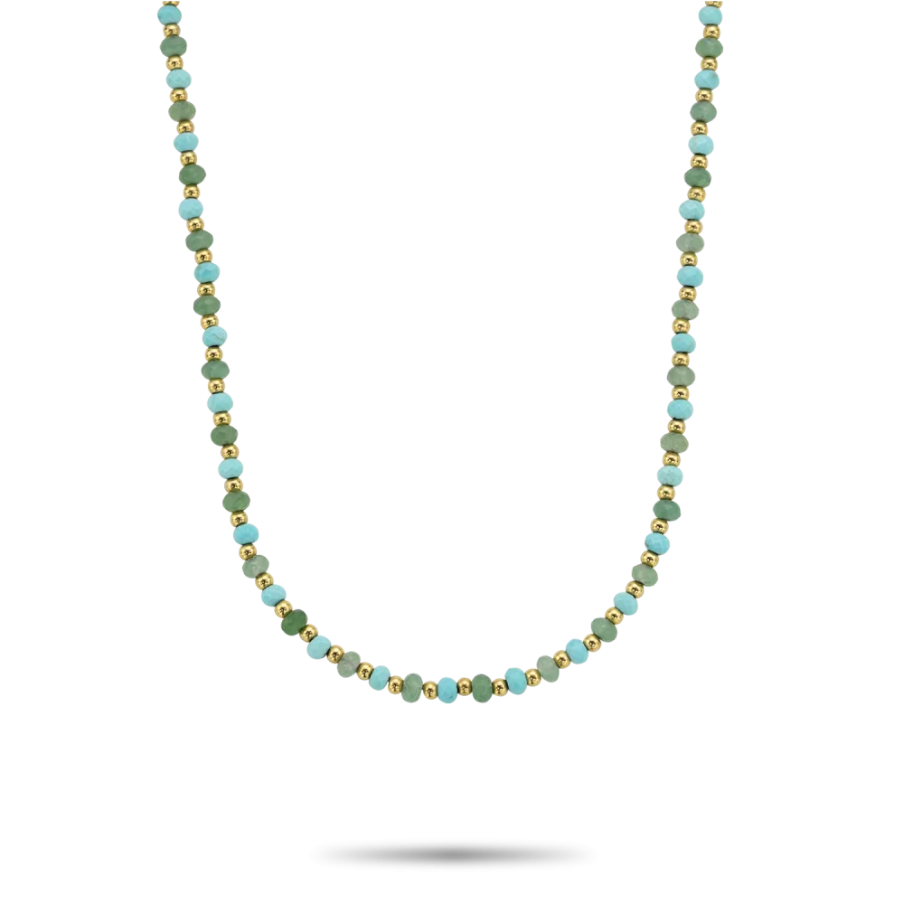 Collier en perles bleu-vert de 4 mm avec des détails dorés.