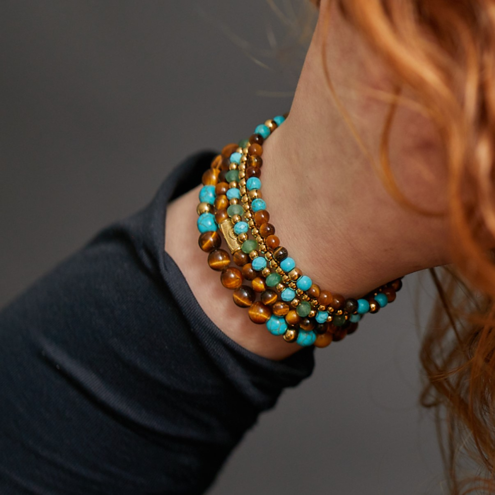 Aventure Bleu Vert - plaqué or jaune 18 ct - 4mm - bracelet perles pour femme