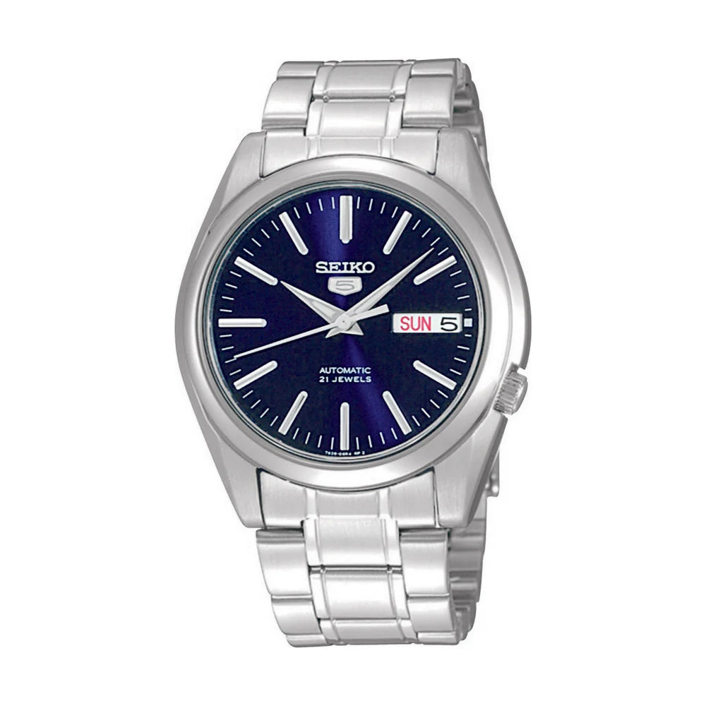 Montre pour homme Seiko avec bracelet en acier inoxydable, cadran bleu et affichage de la date.