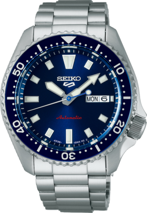Montre automatique Seiko 5 Sports avec boîtier en acier inoxydable, cadran bleu et bracelet en métal.