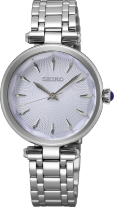 Montre Seiko pour femme avec un cadran argenté, boîtier en acier inoxydable et bracelet à maillons.