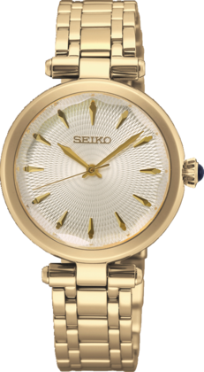 Montre dorée pour femme avec un cadran argenté, bracelet en métal et détails en or.