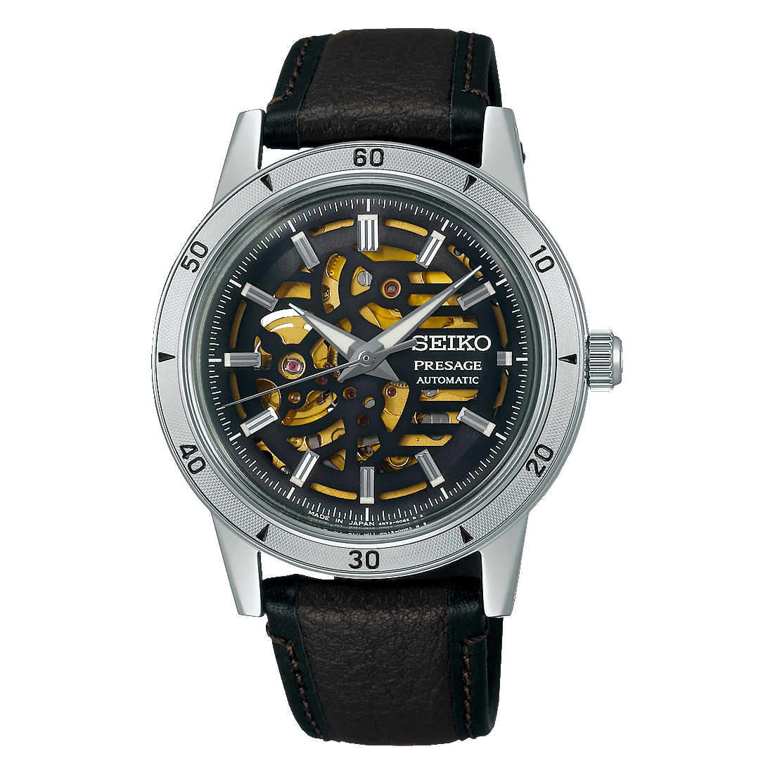 Montre Seiko Presage avec un cadran noir, boîtier en acier inoxydable et bracelet en cuir brun.