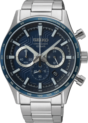 Montre chronographe en acier avec bracelet argenté et cadran bleu, étanche jusqu'à 100 mètres.
