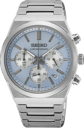 Montre chronographe pour homme avec boîtier en acier inoxydable, cadran bleu clair et bracelet en acier.