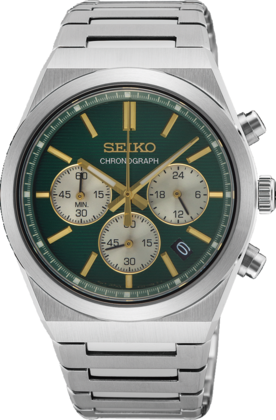 Montre chronographe pour homme avec boîtier en acier inoxydable, cadran vert et détails dorés.