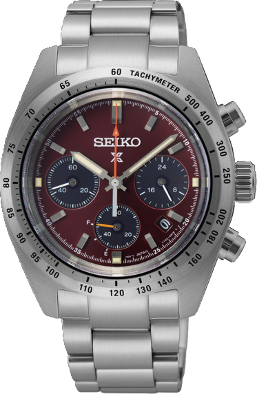 Montre Seiko Solar pour homme avec cadran bordeaux, boîtier en acier inoxydable et bracelet en métal.