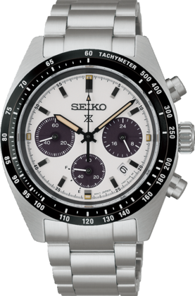 Montre Seiko Prospex avec boîtier en acier inoxydable, cadran blanc et bracelet en métal, affichant des chronomètres noirs.