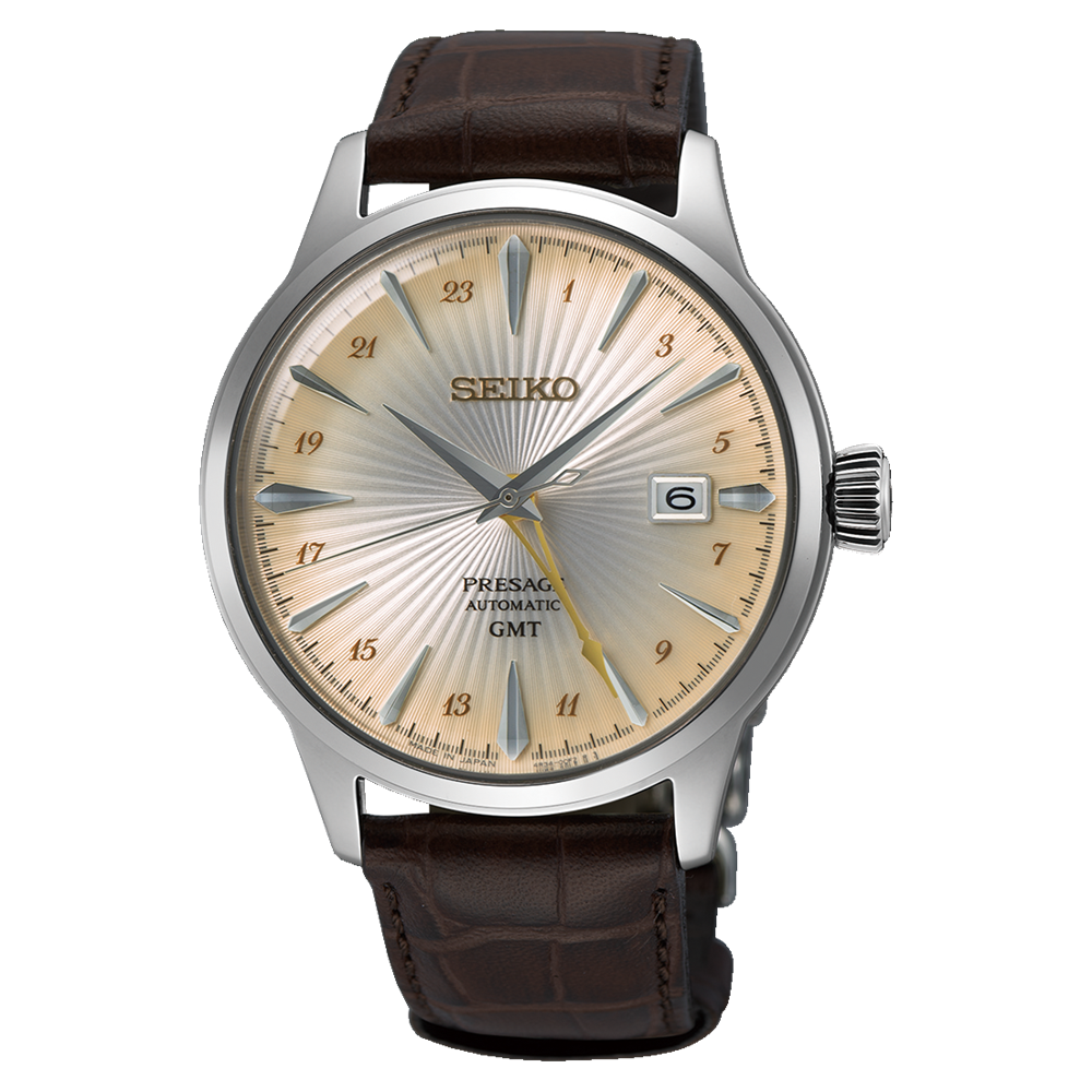 Montre pour homme Seiko Presage avec cadran doré, boîtier en acier inoxydable et bracelet en cuir marron.