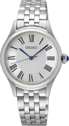 Montre pour dames avec boîtier argenté, cadran blanc à chiffres romains et bracelet en acier inoxydable.