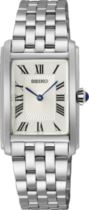 Montre pour femme Seiko avec boîtier rectangulaire en acier inoxydable et cadran argenté à chiffres romains.
