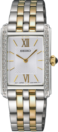 Montre pour femme Seiko avec boîtier rectangulaire argenté et doré, cadran blanc, et cristaux brillants.