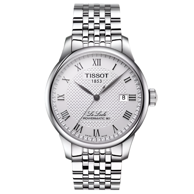 Montre Tissot Le Locle avec bracelet en acier inoxydable, cadran argenté et chiffres romains.