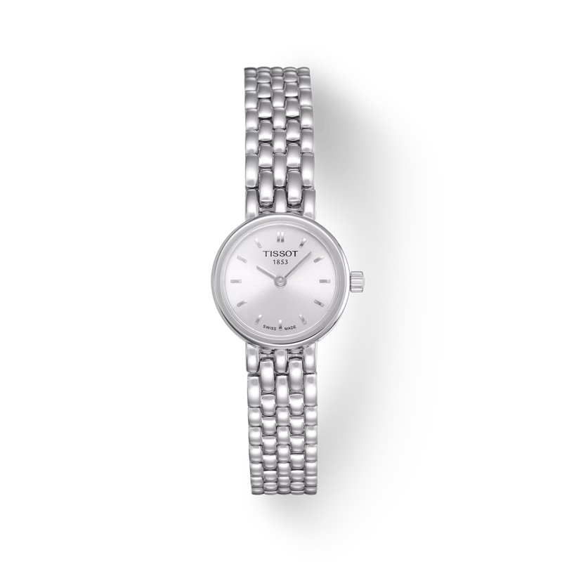 Montre Tissot Lovely avec un boîtier argenté et un bracelet en acier inoxydable, cadran argenté.