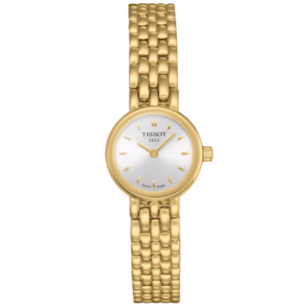 Montre dorée Tissot avec un cadran argenté et un bracelet en maillons.