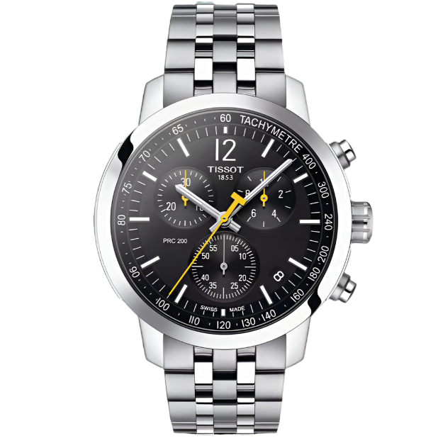 Montre Tissot PRC 200 avec boîtier en acier inoxydable, cadran noir et bracelet en acier, affichage chronographe.