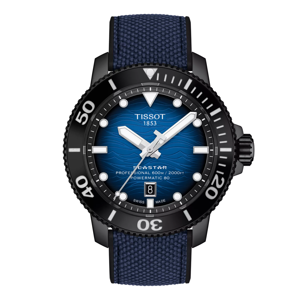 Montre Tissot Seastar 2000 avec cadran bleu, boîtier noir et bracelet en tissu.