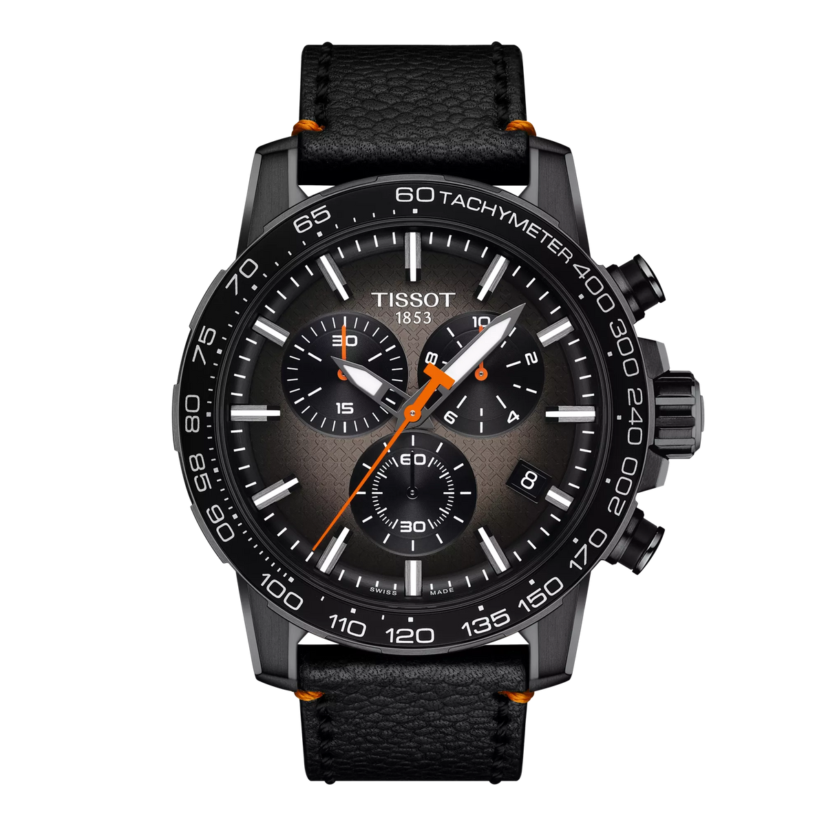 Montre Tissot Supersport Chrono édition Basketball avec boîtier noir, cadran gris, et bracelet en cuir noir.