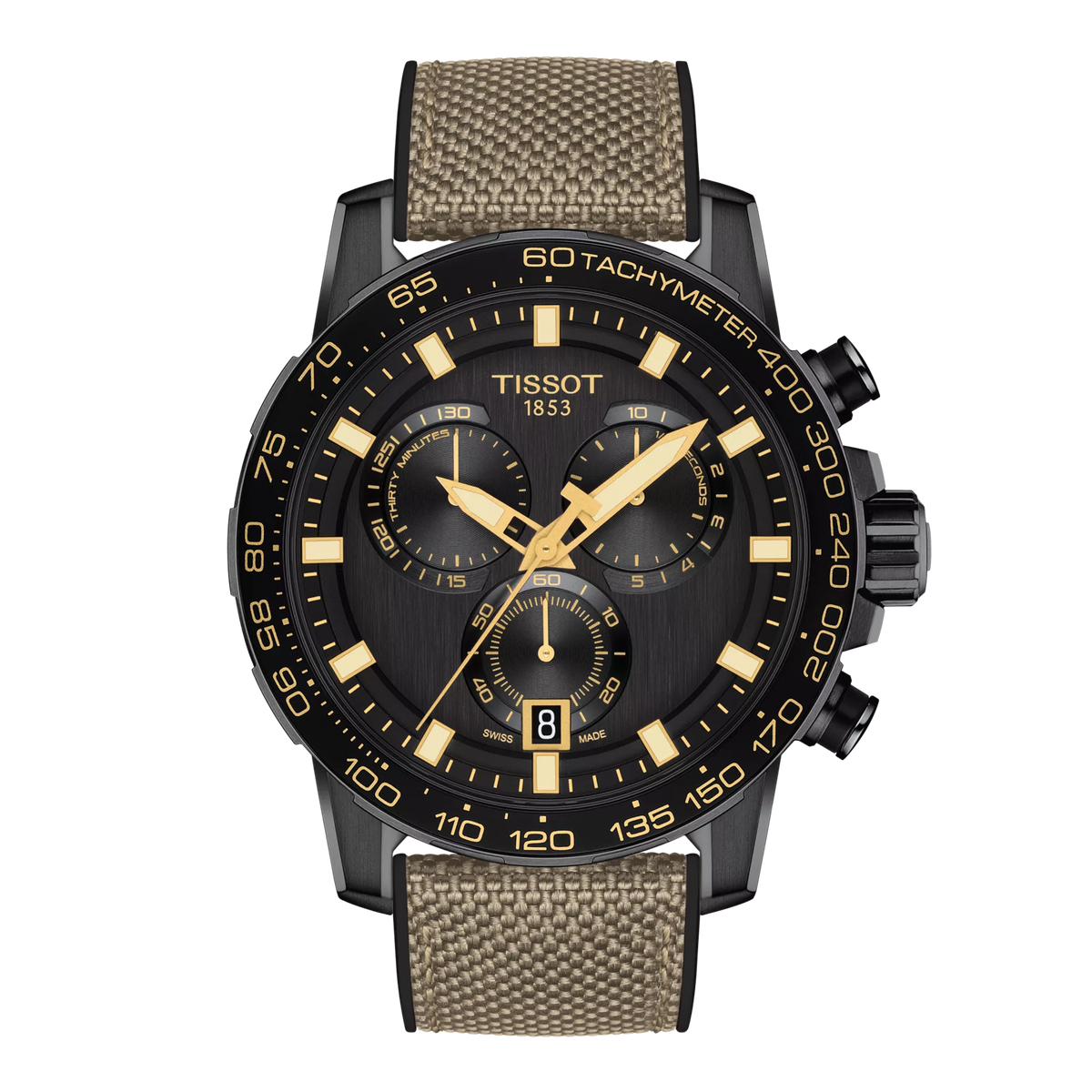 Montre Tissot Supersport Chrono avec cadran noir, boîtier noir et bracelet en tissu beige.