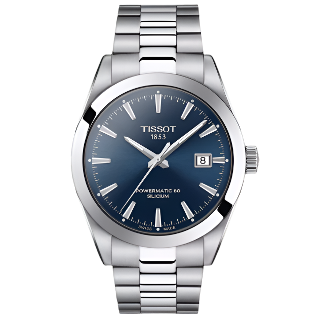 Montre Tissot Gentleman Powermatic 80 avec un cadran bleu, boîtier en acier inoxydable et bracelet en acier.