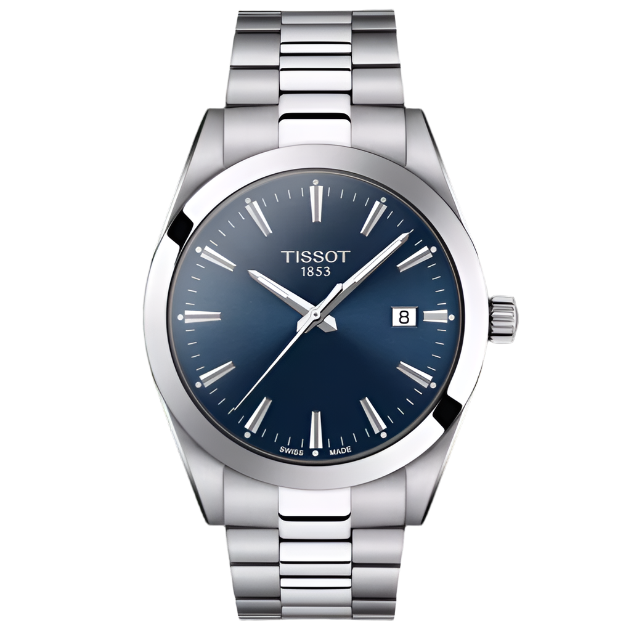 Montre Tissot avec un cadran bleu, boîtier en acier inoxydable et bracelet en acier.