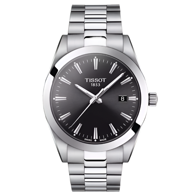 Montre Tissot en acier inoxydable avec cadran noir et bracelet à maillons.