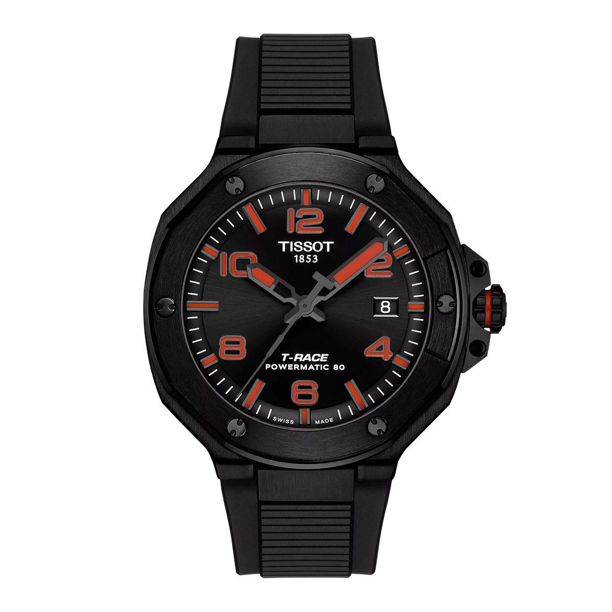 Montre Tissot T-Race Powermatic 80 avec boîtier noir, cadran noir et détails rouges.