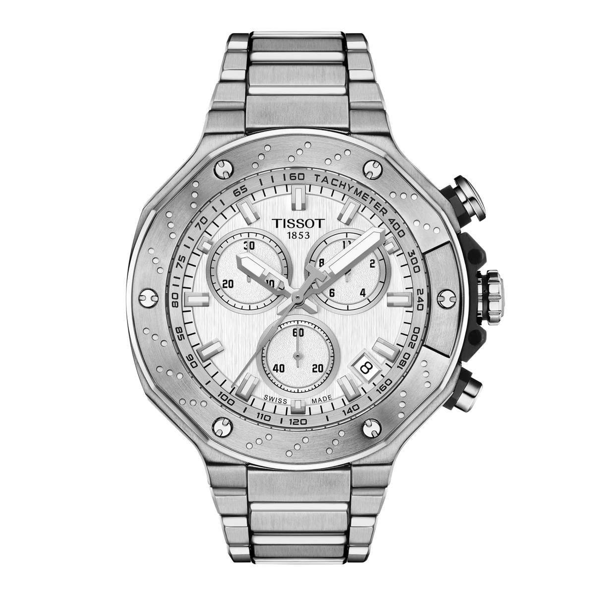 Montre Tissot T-Race Chronographe en acier inoxydable avec cadran argenté et chronomètre.