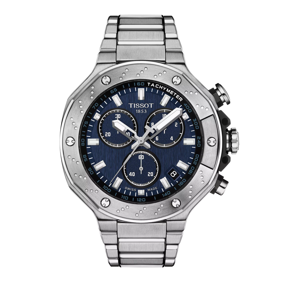 Montre Tissot T-Race Chronographe avec un cadran bleu, boîtier en acier inoxydable et bracelet en acier.
