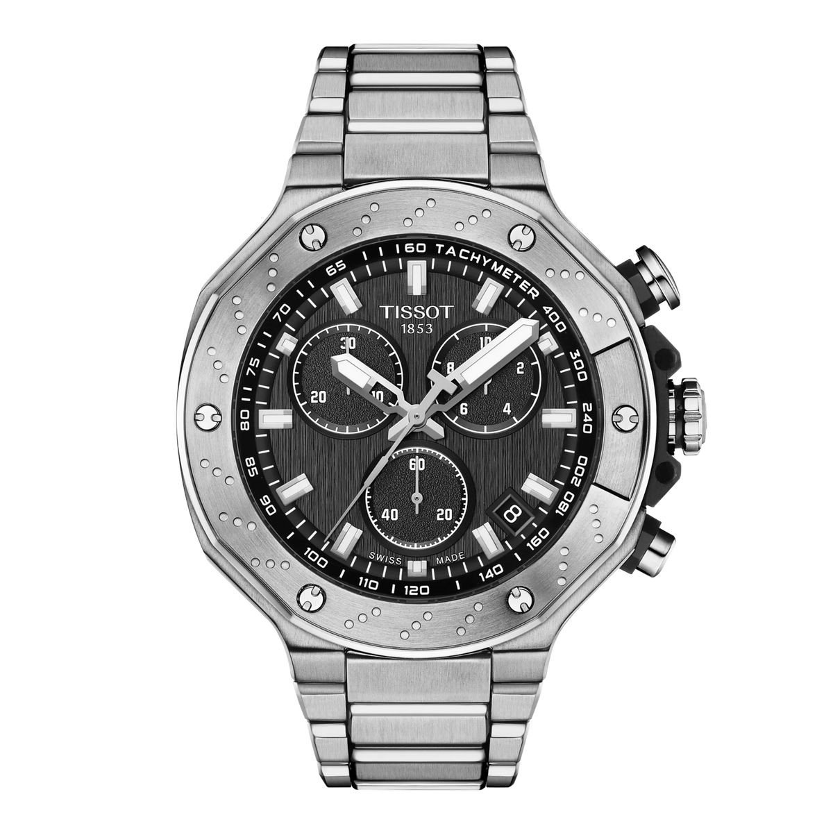 Montre Tissot T-Race Chronograph en acier inoxydable avec cadran noir et chronomètres.