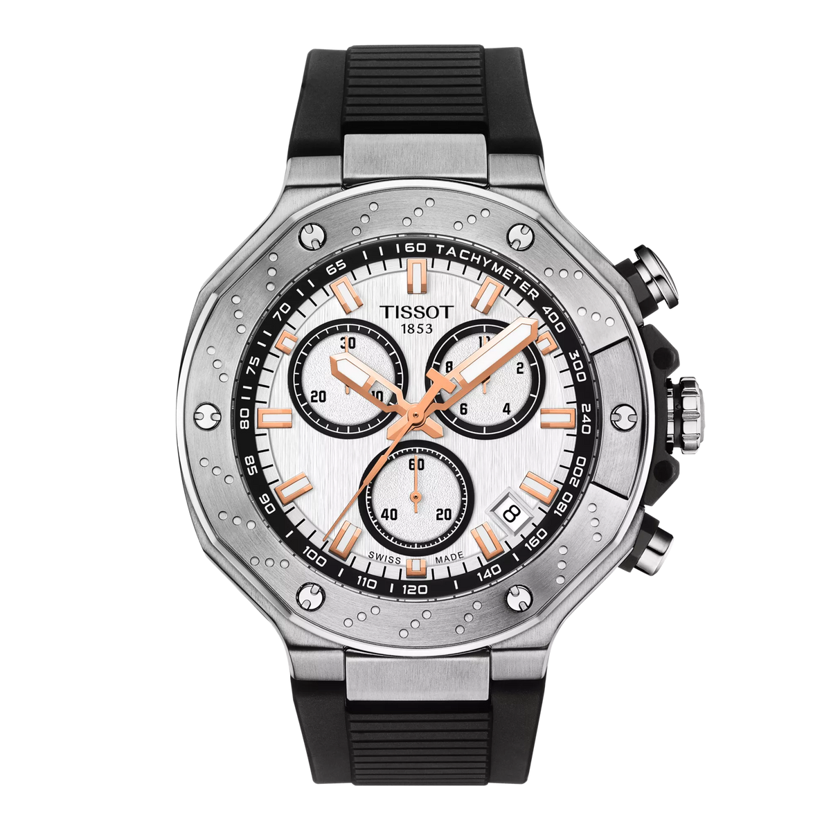Montre Tissot T-Race Chronographe avec boîtier en acier inoxydable, cadran argenté et bracelet en caoutchouc noir.