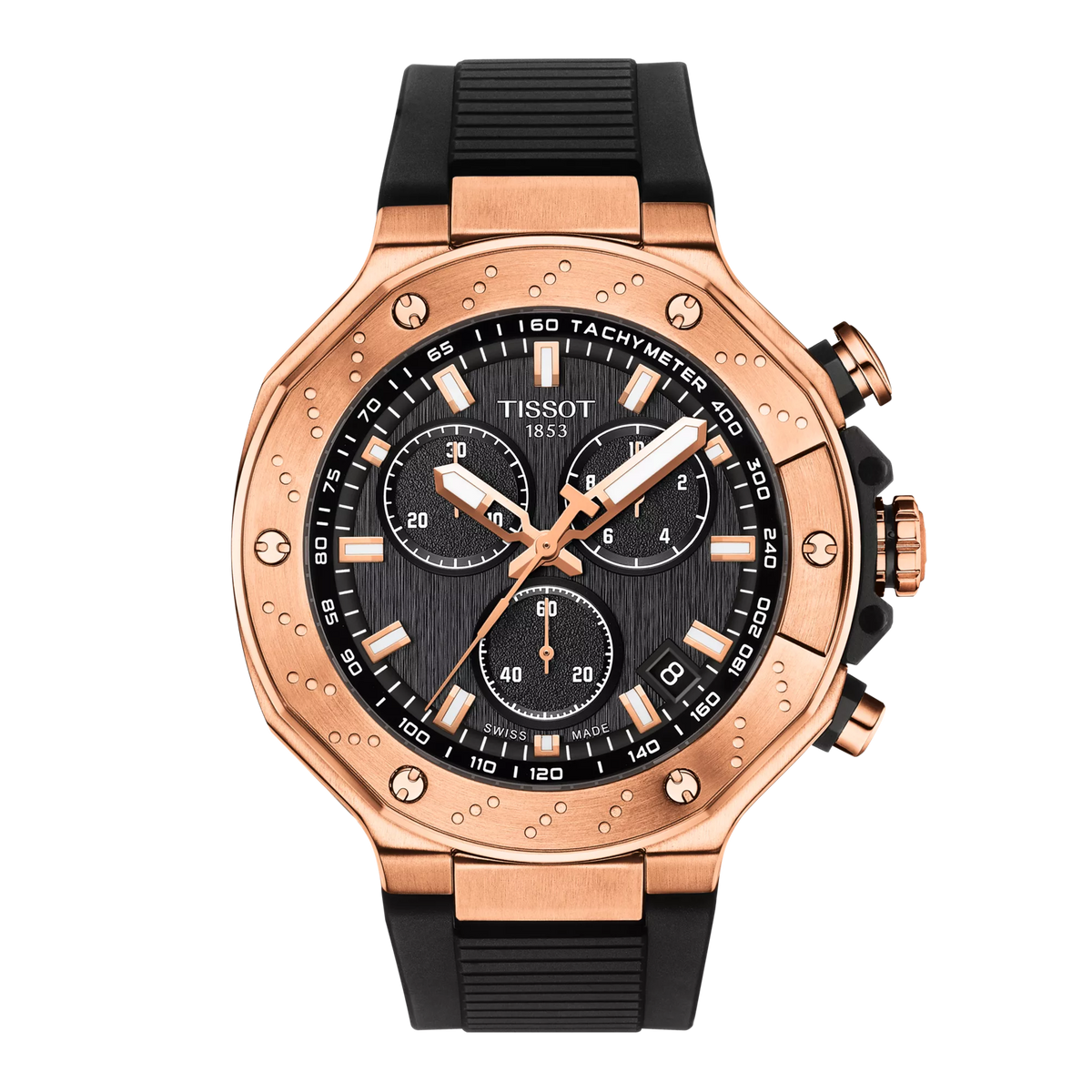 Montre Tissot T-Race Chronographe avec boîtier en acier inoxydable rose, cadran noir et bracelet en caoutchouc noir.
