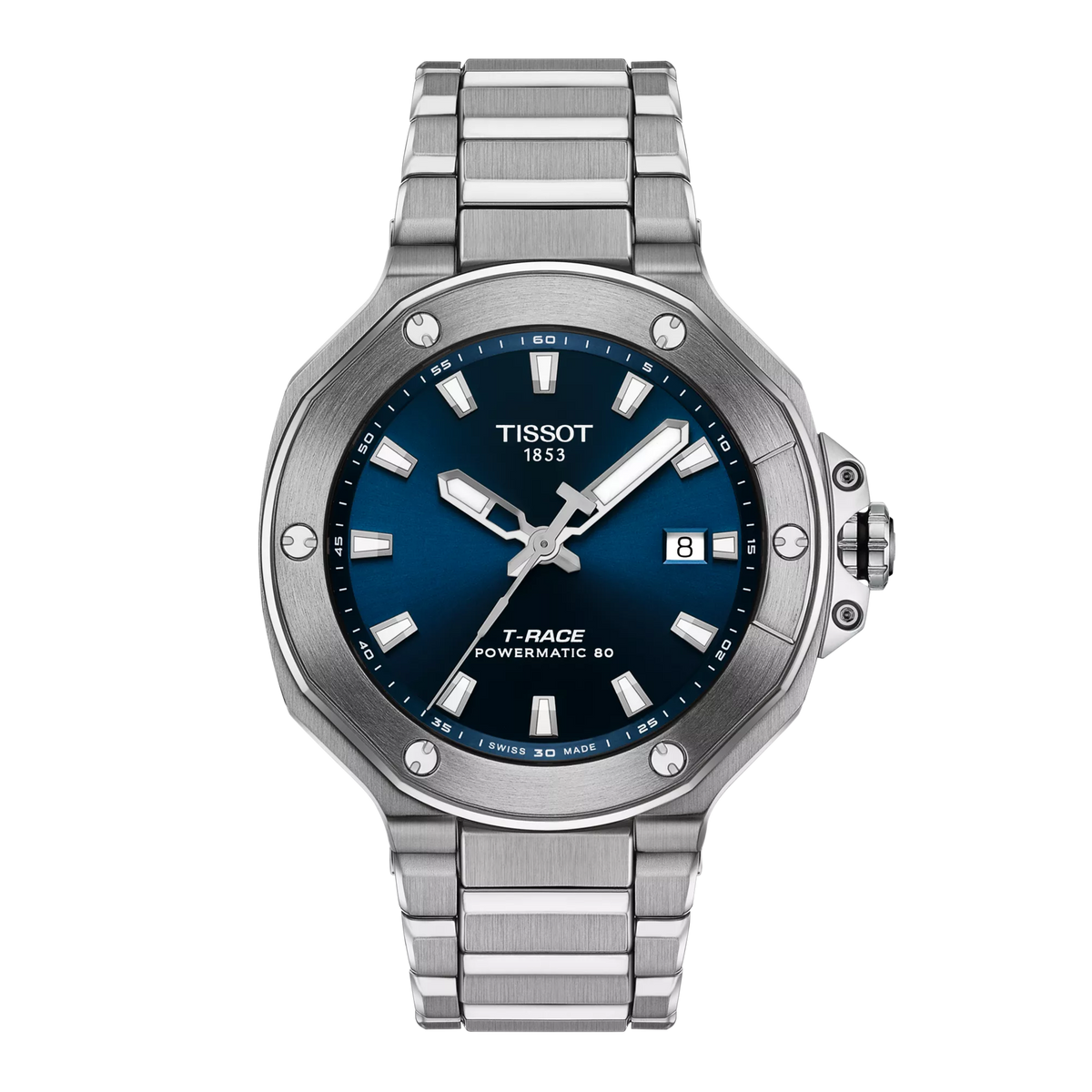 Montre Tissot T-Race Powermatic 80 avec cadran bleu, boîtier en acier inoxydable et bracelet en acier.