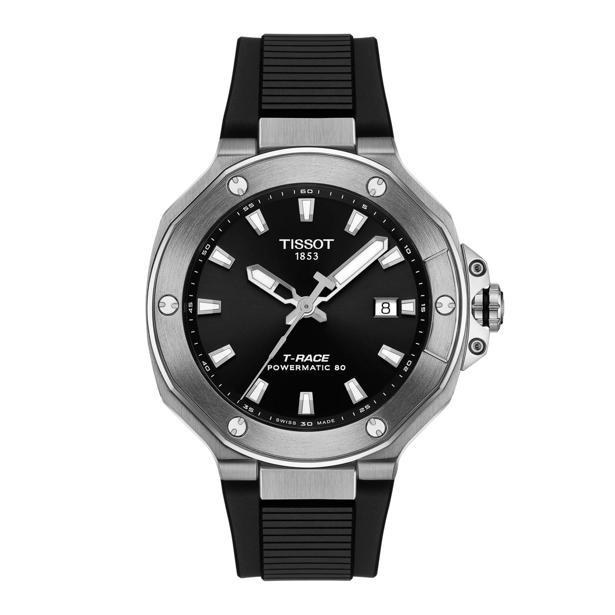 Montre Tissot T-Race Powermatic 80 avec cadran noir, boîtier en acier inoxydable et bracelet en caoutchouc.
