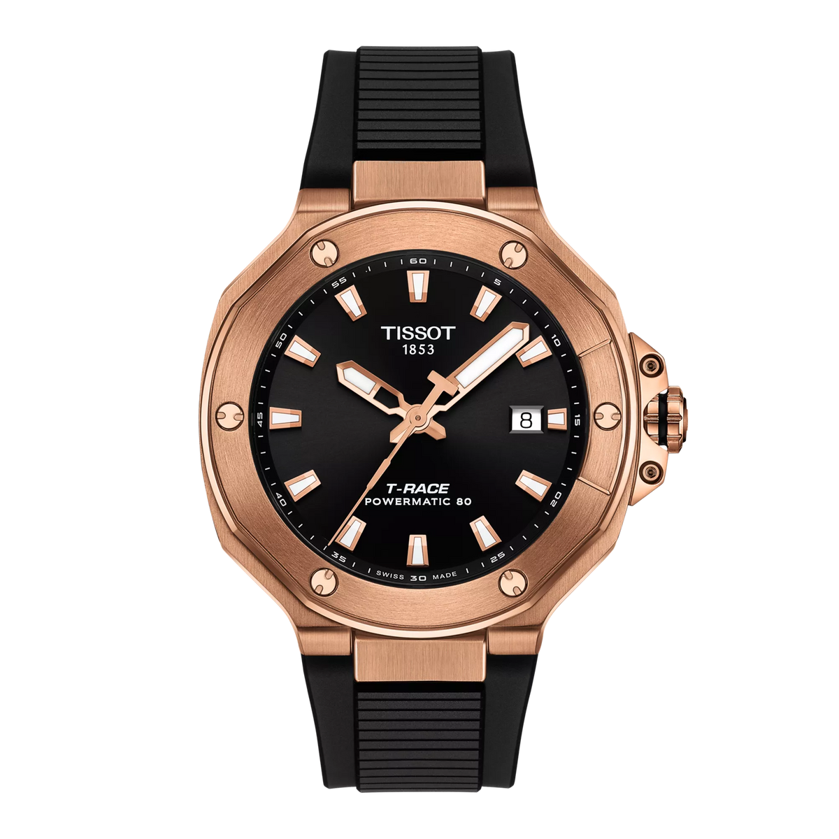 Montre Tissot T-Race Powermatic 80 avec boîtier en acier rose, cadran noir et bracelet en caoutchouc noir.