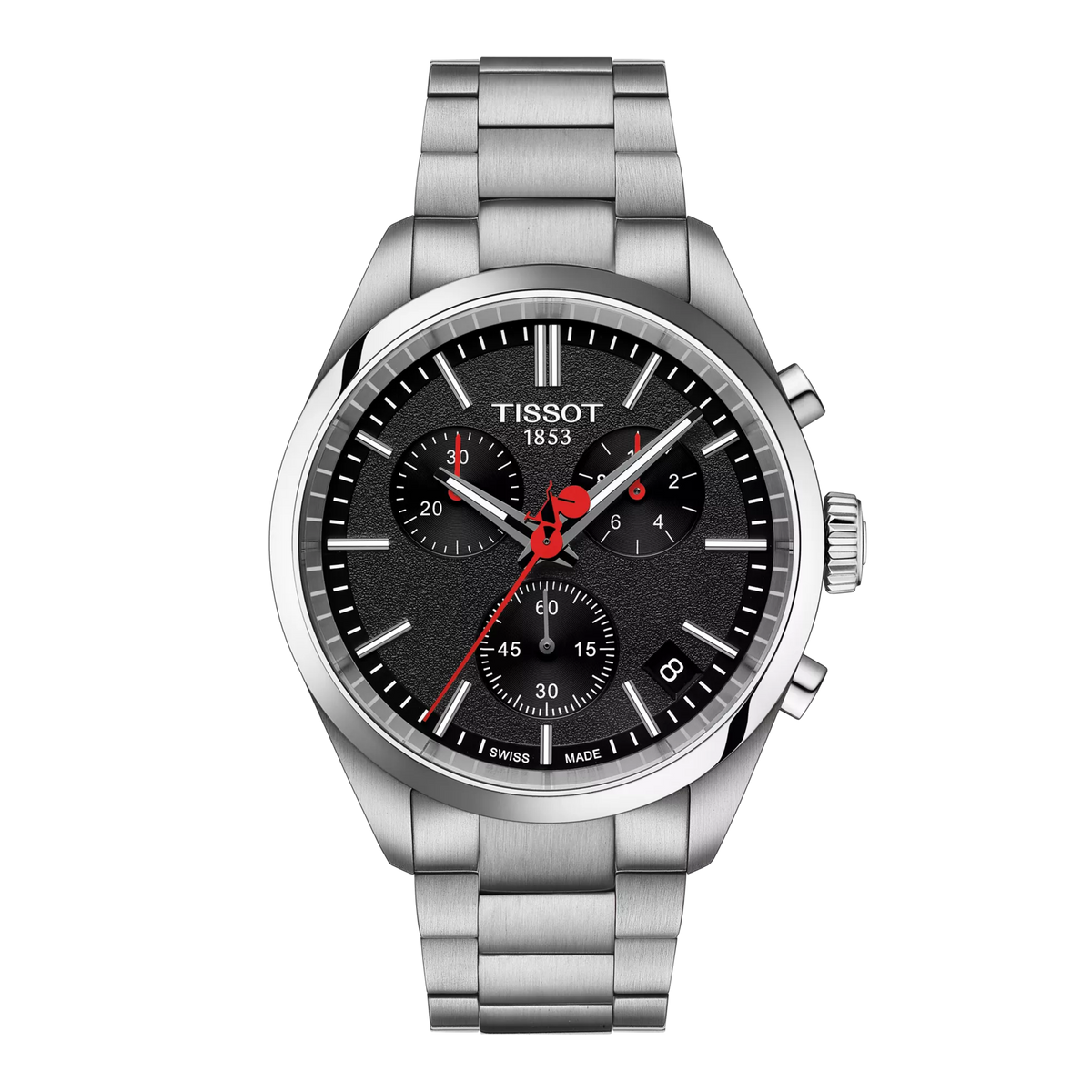Montre Tissot PR 100 avec boîtier en acier inoxydable, cadran noir et détails rouges.